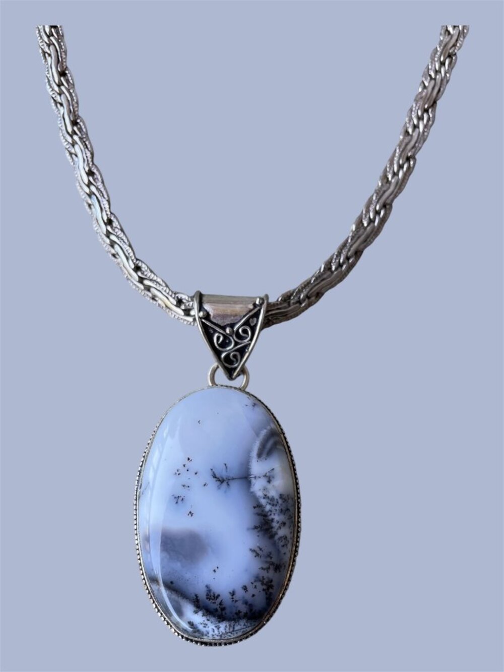 Elegant Sterling Silver Necklace White Dendritic Opal Silver plated Chain